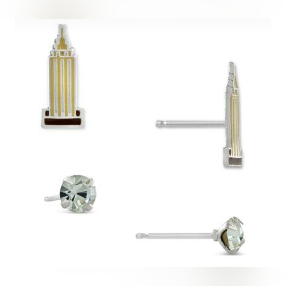 Giani Bernin 2pc Set Empire State & Building & Crystal Solitaire Stud Earrings